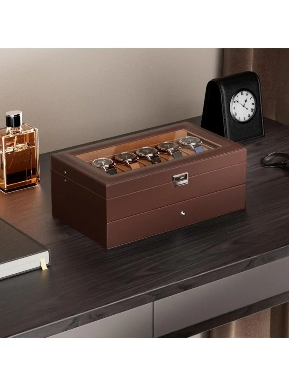 12-Slot Men's Watch Box Organizer with Drawer, Glass Lid - Perfect Gift for Dad